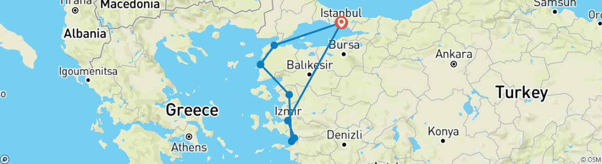 Image of a map showing the route of the tour