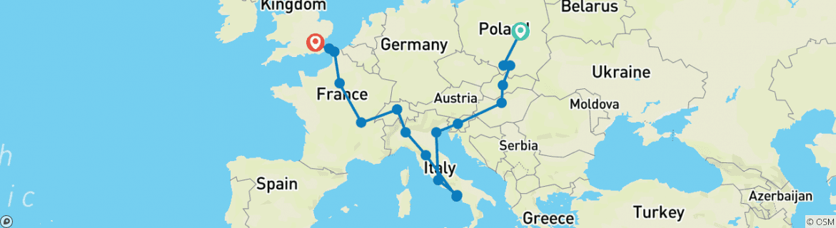 Image of a map showing the route of the tour
