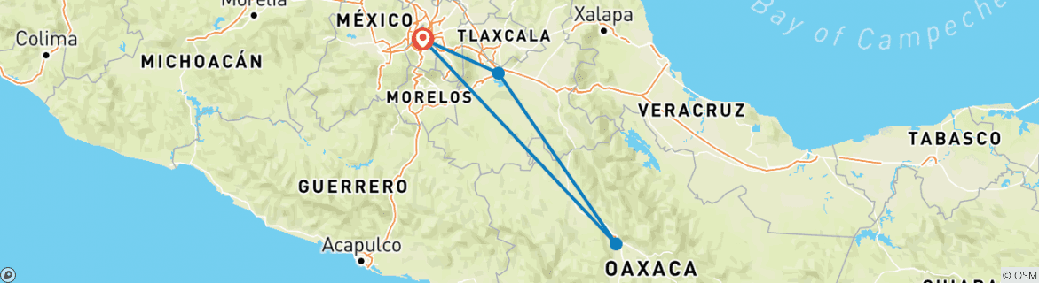 Image of a map showing the route of the tour