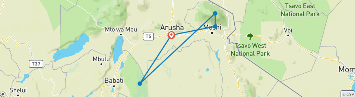 Image of a map showing the route of the tour
