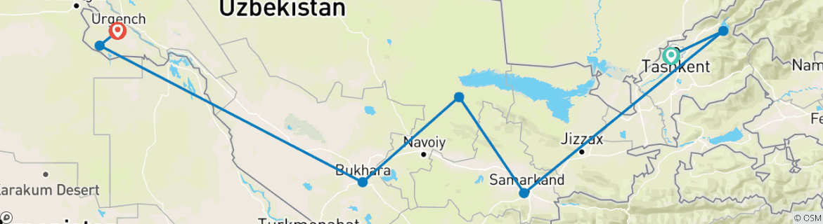 Image of a map showing the route of the tour