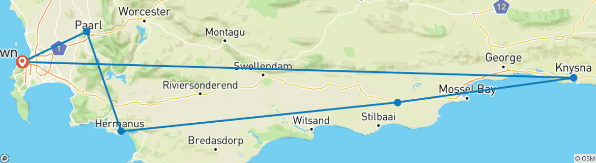 Image of a map showing the route of the tour