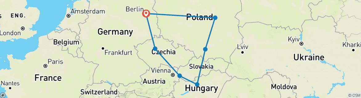 Image of a map showing the route of the tour