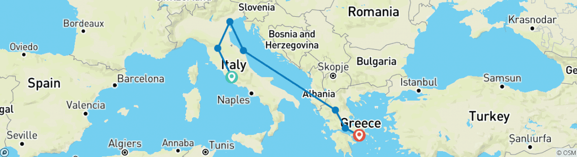 Image of a map showing the route of the tour