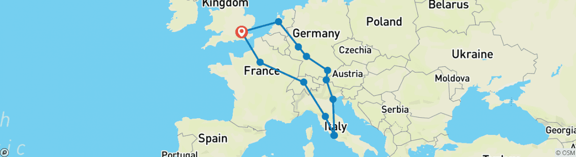Image of a map showing the route of the tour