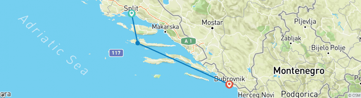 Image of a map showing the route of the tour