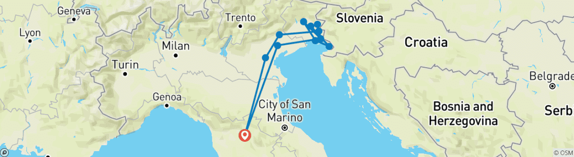 Image of a map showing the route of the tour