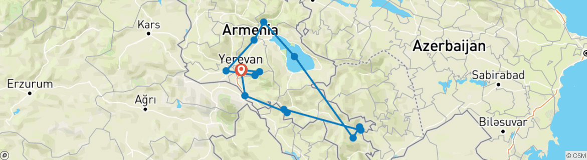 Image of a map showing the route of the tour
