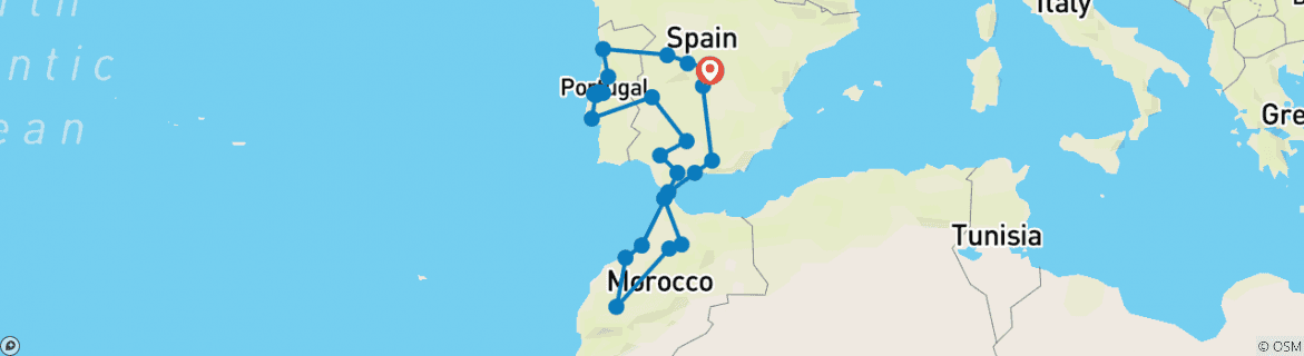 Image of a map showing the route of the tour