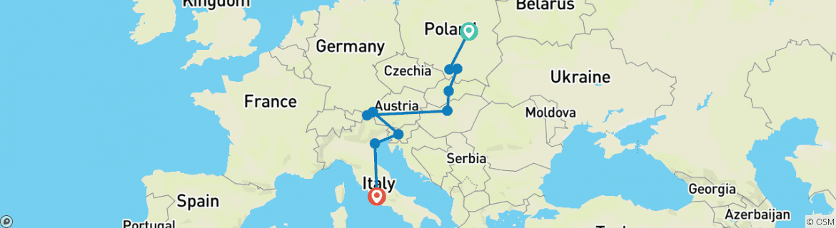Image of a map showing the route of the tour