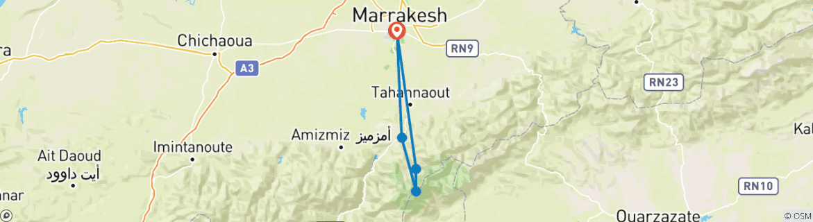Image of a map showing the route of the tour