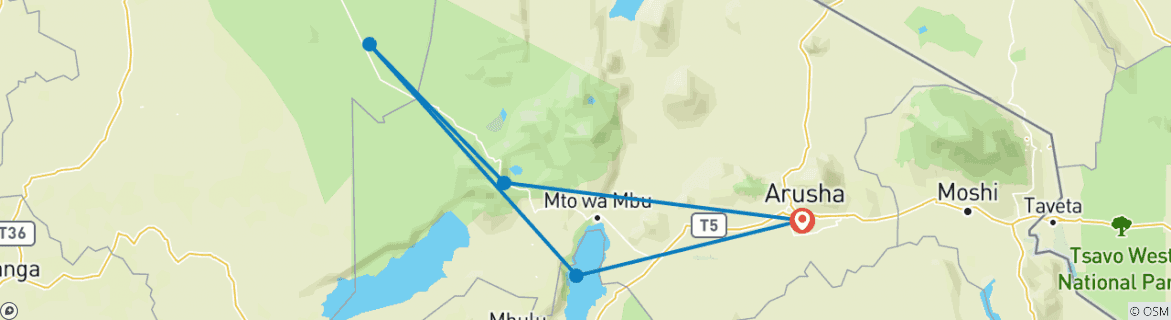 Image of a map showing the route of the tour