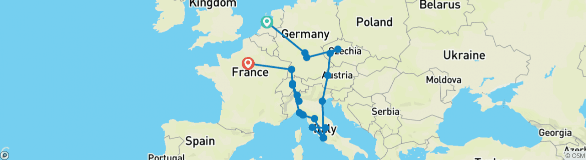 Image of a map showing the route of the tour