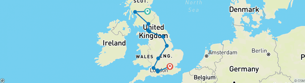 Image of a map showing the route of the tour