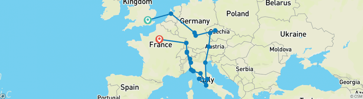 Image of a map showing the route of the tour