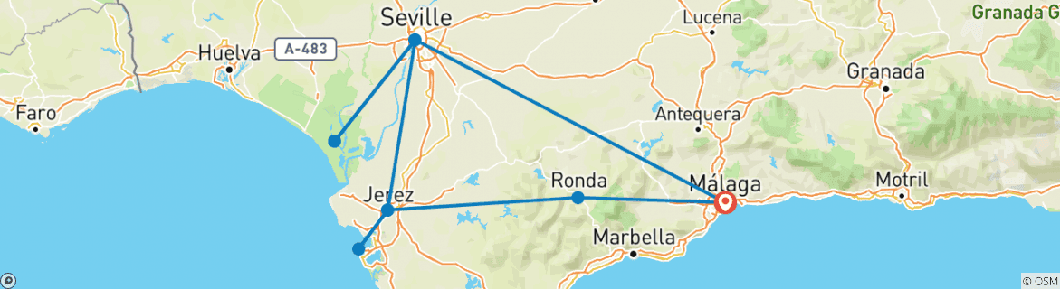Image of a map showing the route of the tour