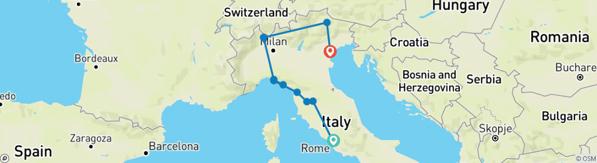 Image of a map showing the route of the tour