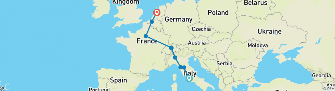 Image of a map showing the route of the tour