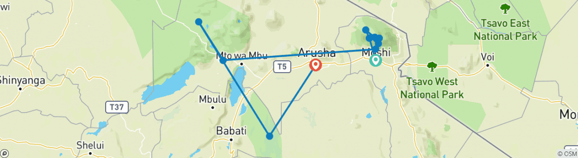 Image of a map showing the route of the tour