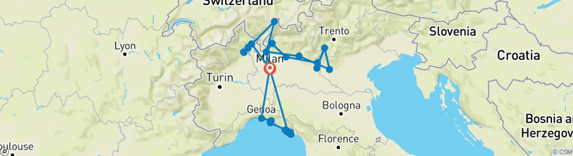 Image of a map showing the route of the tour