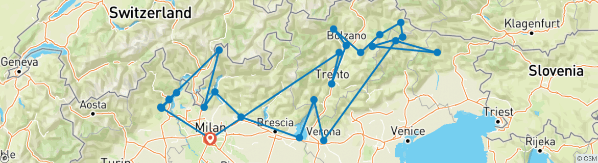 Image of a map showing the route of the tour