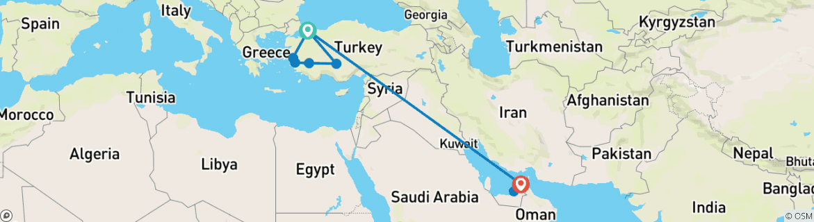 Image of a map showing the route of the tour
