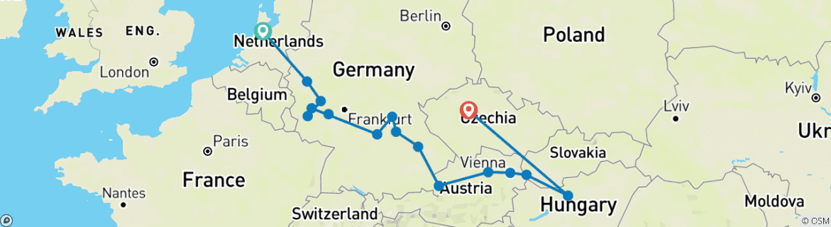 Image of a map showing the route of the tour
