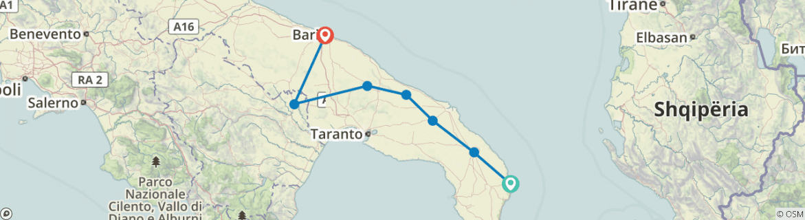 Image of a map showing the route of the tour