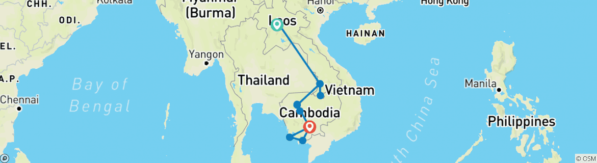 Image of a map showing the route of the tour