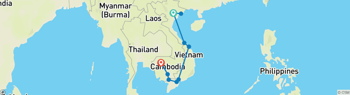Image of a map showing the route of the tour