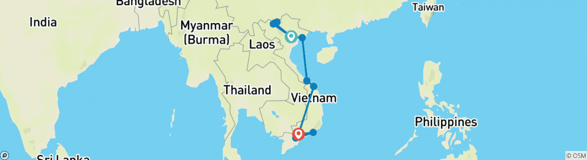 Image of a map showing the route of the tour
