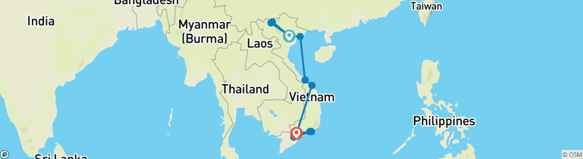 Image of a map showing the route of the tour