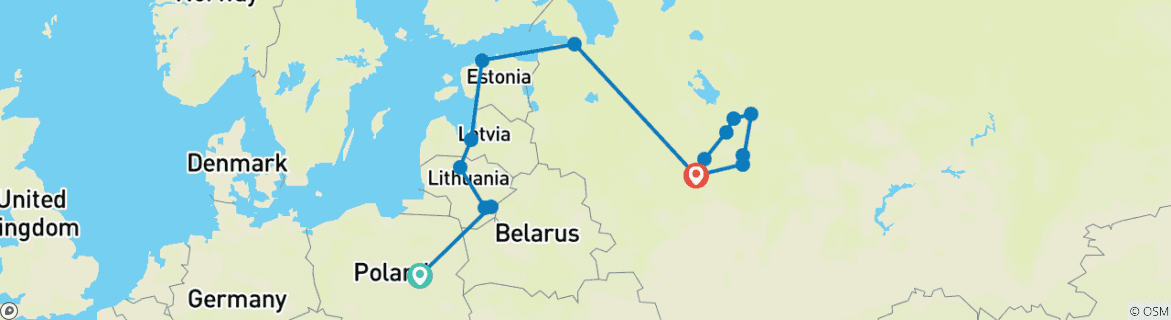 Image of a map showing the route of the tour