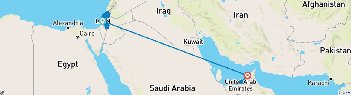 Image of a map showing the route of the tour