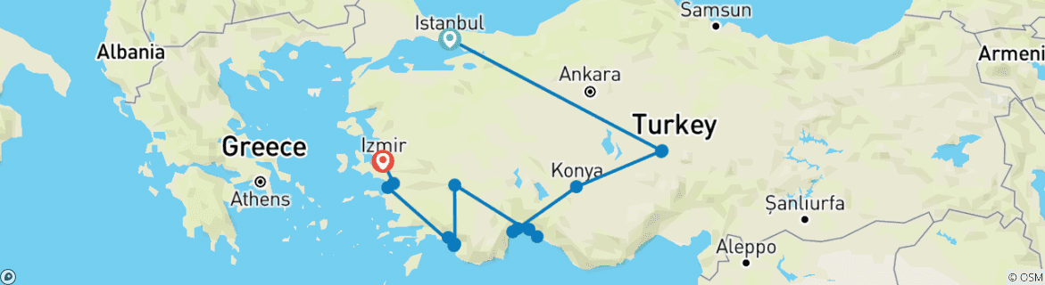 Image of a map showing the route of the tour