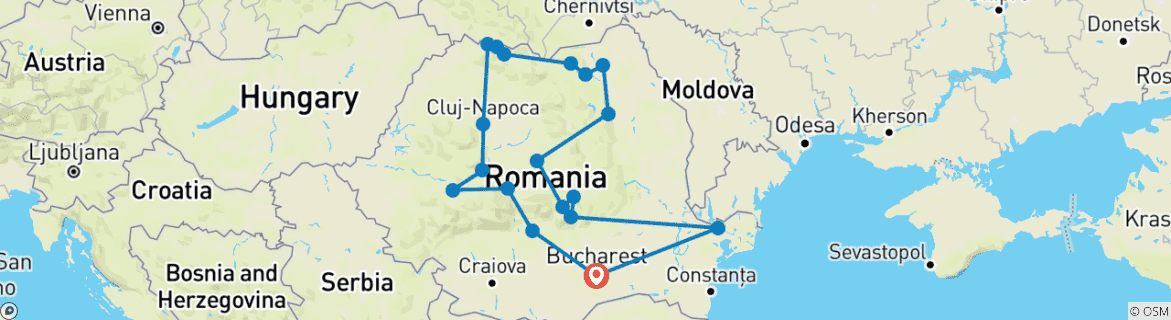 Image of a map showing the route of the tour