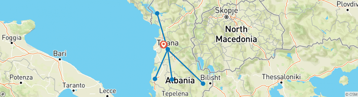 Image of a map showing the route of the tour