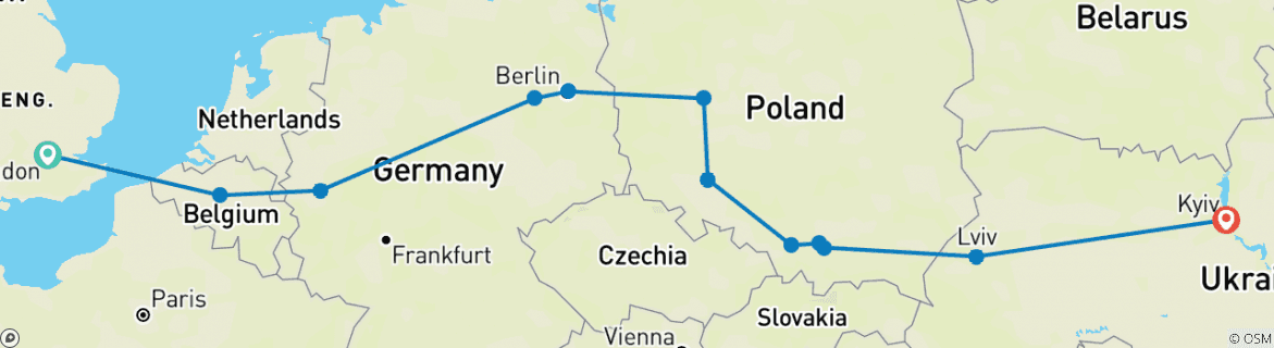 Image of a map showing the route of the tour