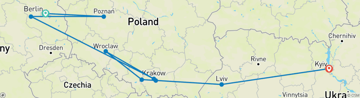 Image of a map showing the route of the tour