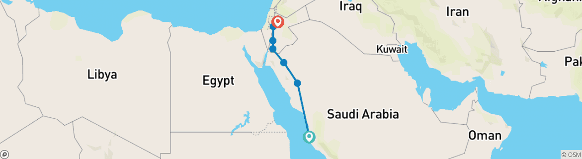 Image of a map showing the route of the tour