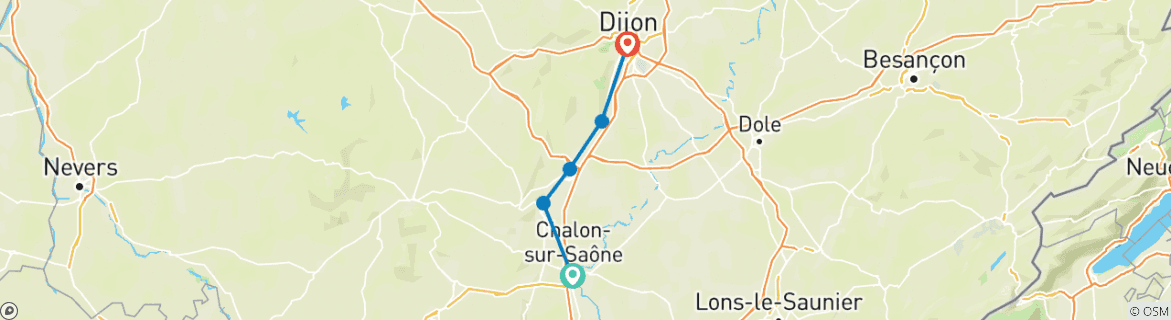 Image of a map showing the route of the tour