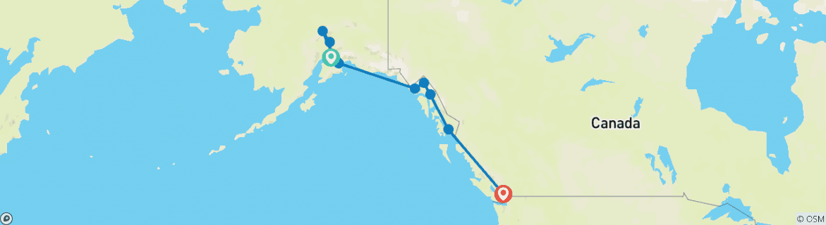 Image of a map showing the route of the tour