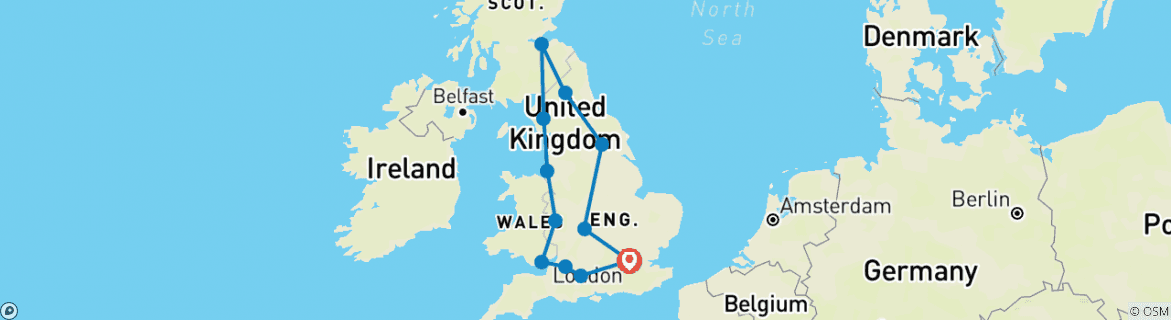 Image of a map showing the route of the tour