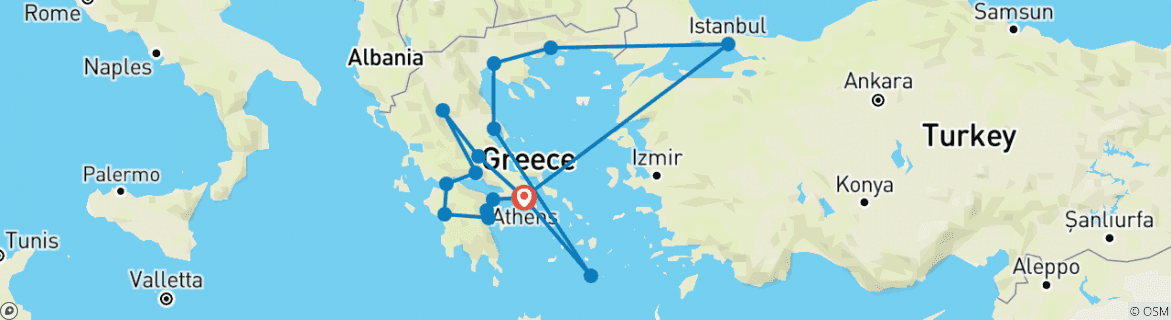 Image of a map showing the route of the tour