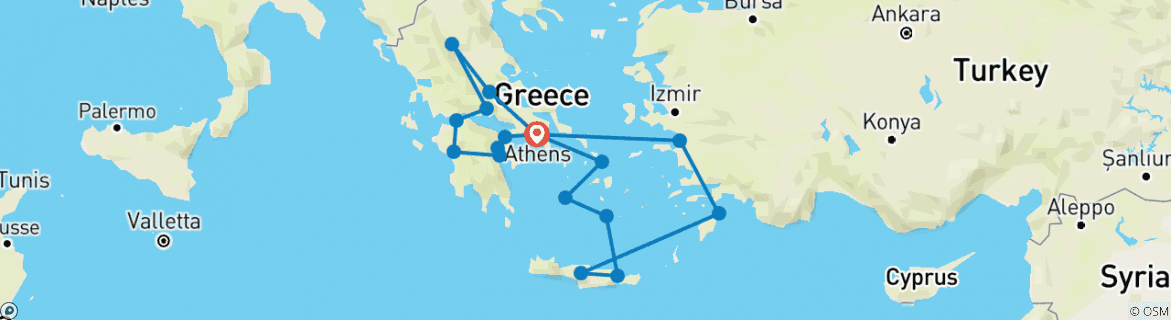 Image of a map showing the route of the tour