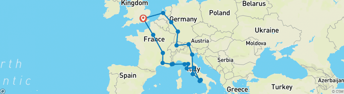 Image of a map showing the route of the tour