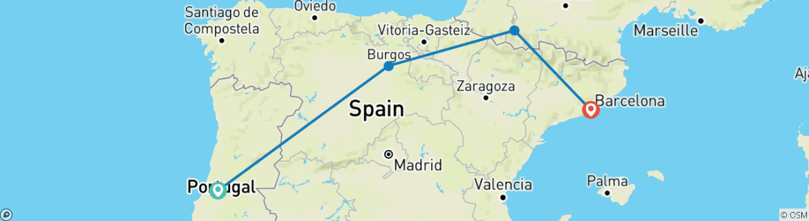 Image of a map showing the route of the tour