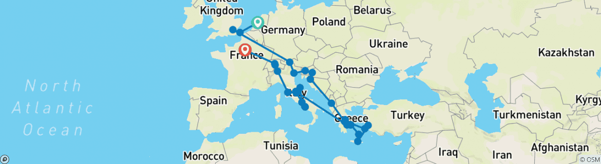 Image of a map showing the route of the tour