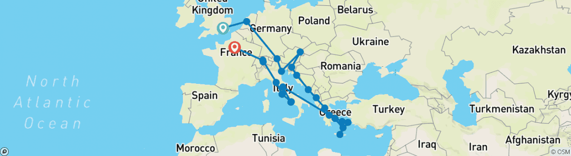 Image of a map showing the route of the tour