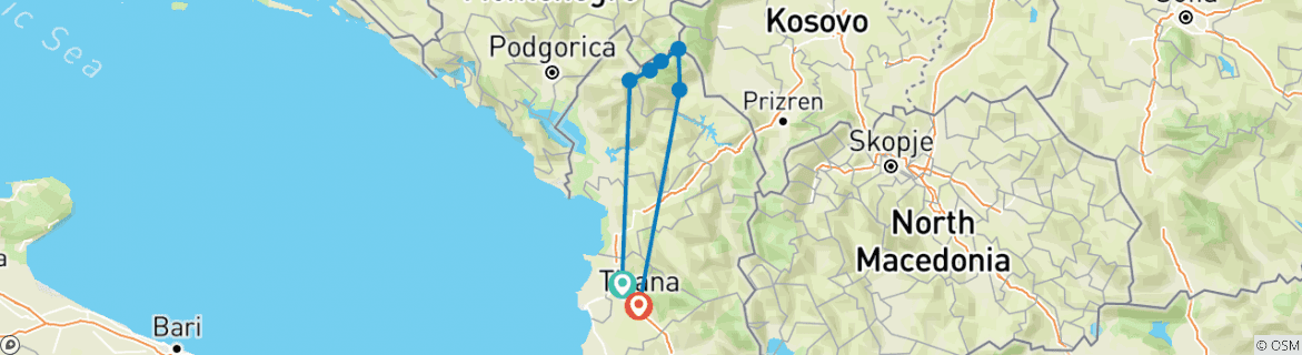 Image of a map showing the route of the tour